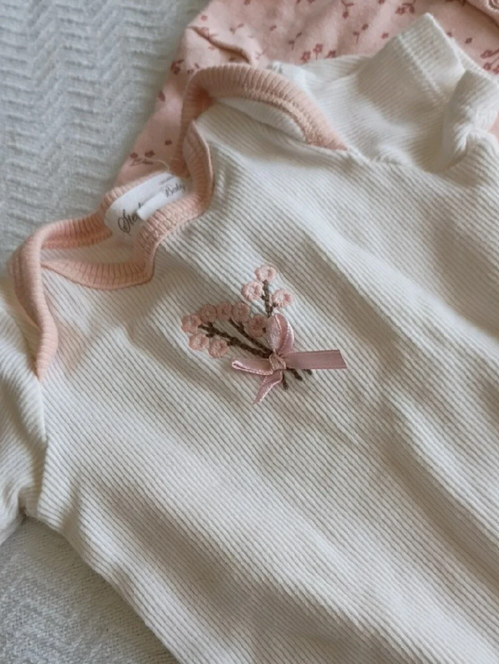 Soft Pink Floral-Trim Baby One-Piece Set